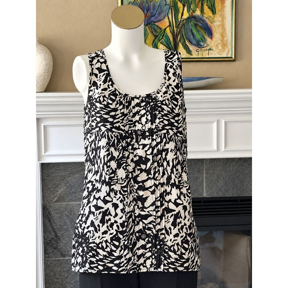 Tory Burch 100% Silk Black Ivory Abstract Print Sleeveless Blouse Size 4